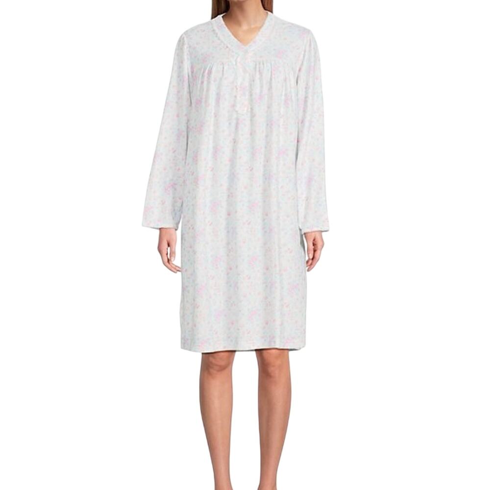 Miss Elaine Brushed Honeycomb Knit Floral Print V-Neck Nightgown Size Medium